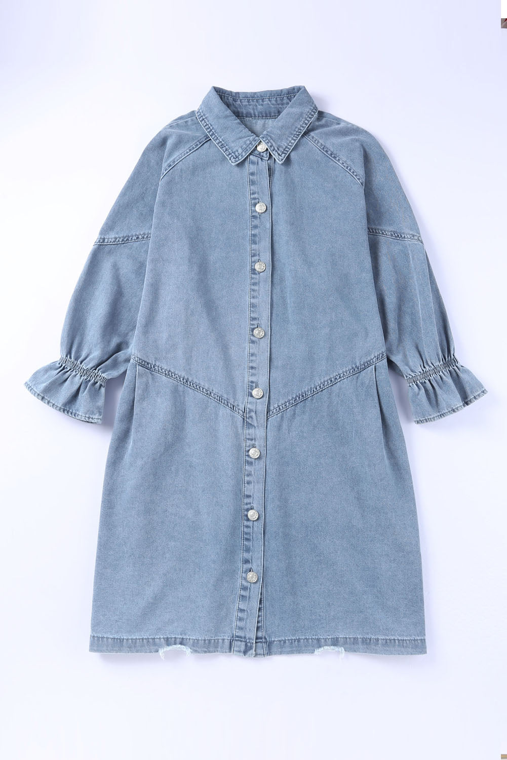 Light Blue Casual Buttoned Ruffle Denim Short Dress