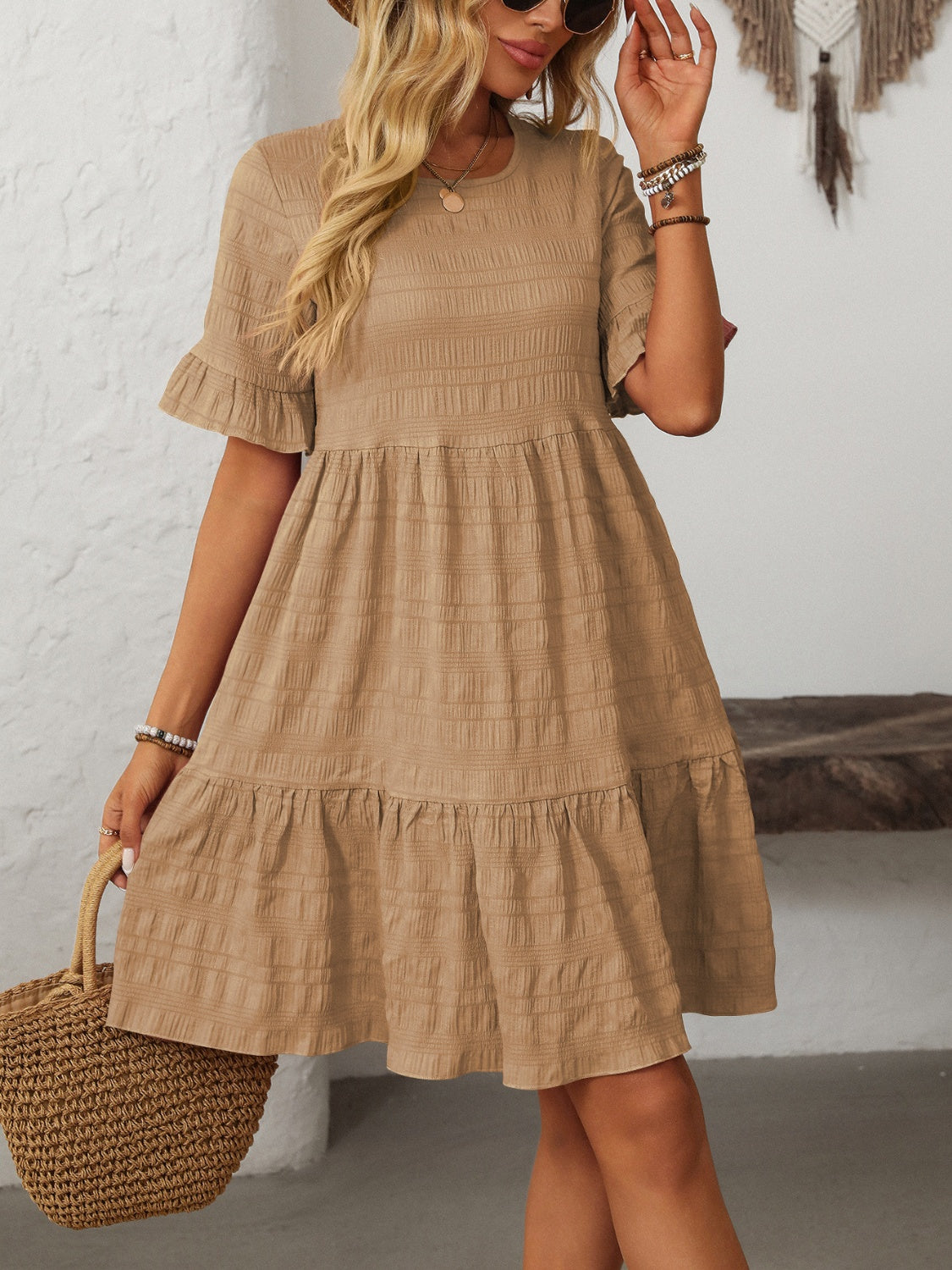 Mandy Ruffled Ruched Round Neck Half Sleeve Dress