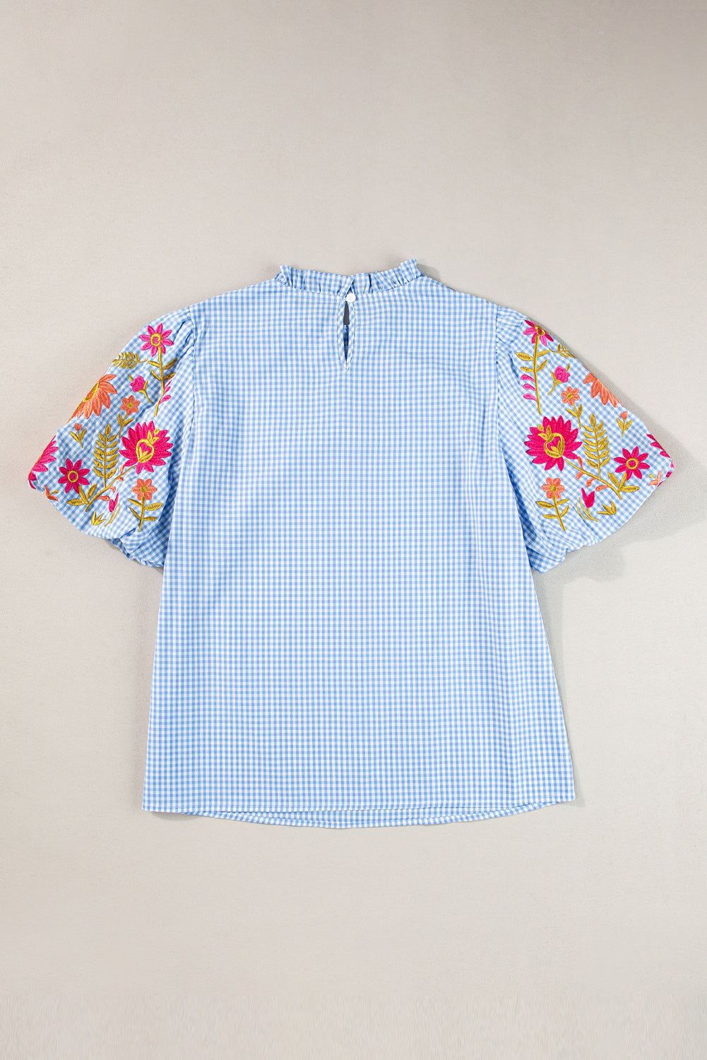 Light Blue Gingham Floral Embroidered Puff Sleeve Blouse