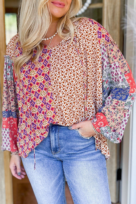 Orange Mixed Floral Patchwork Long Sleeve Tie V Neck Blouse